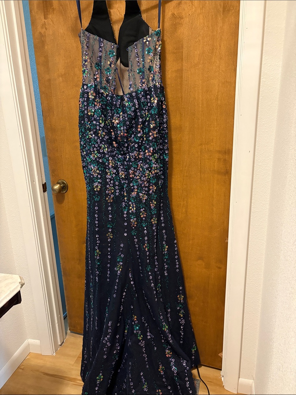 609. Jovani Navy Halter-Sequin Evening Gown with Green & Purple Accents - Picture 3 of 3